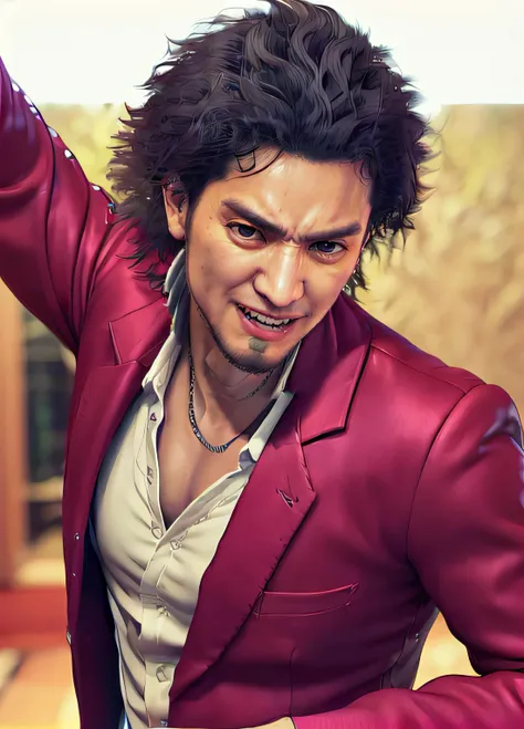 (SFW,8k, RAW photo, best quality, masterpiece:1.2),(realistic, photo-realistic:1.37),1 man,ichiban ,(((portrait,strong phisique,crazy smile,wearing a red suit with white undershirt))), facial close-up <hypernet:ichiban:1>