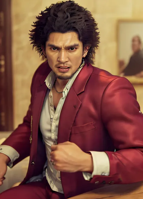(SFW,8k, RAW photo, best quality, masterpiece:1.2),(realistic, photo-realistic:1.37),1 man,ichiban ,(((strong phisique,portrait,wearing a red suit with white undershirt))), facial close-up <hypernet:ichiban:1>