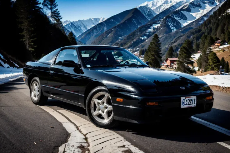 NSSN240SX in himalayas, wide-angle, masterpiece, award winning, 24mm focal length, tall pine trees, natural lighting, snowy mountains, far cry 4 scene, sharp focus, smooth, intricate details, 8k wallpaper, art by artgerm <lora:NSSN240SX:0.8>