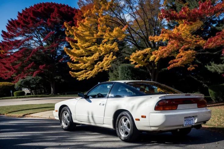 NSSN240SX , parked in front of a japanese pagoda, fall weather, ultra wide angle, masterpiece, award winning, sunset, beautifully detailed fall foliage, cinematic lighting, style-autumn:1.0, sharp focus, smooth, intricate details, 8k wallpaper, trending on artstation <lora:NSSN240SX:0.8>