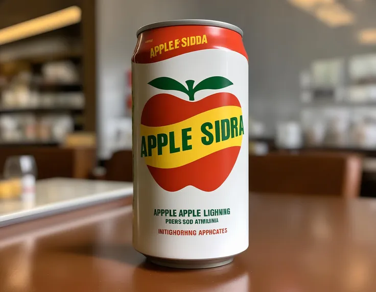 ((applecantw)),A  can of gapplesodag soda placed on a restaurant table. The can 's label is clearly visible, showcasing the brand and flavor. The setting is a dining environment, possibly with elegant tableware, a menu, or other dining accessories. The scene should be as realistic as a high-resolution photograph, with soft and inviting lighting that highlights the bottle and creates a pleasant dining ambiance,<lora:applesoda:0.55>