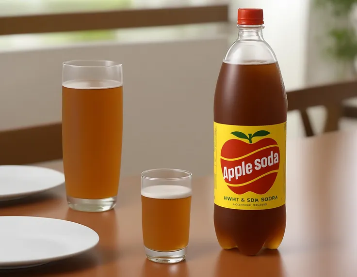 A bottle of gapplesodag soda placed on a restaurant table. The bottle's label is clearly visible, showcasing the brand and flavor. The setting is a dining environment, possibly with elegant tableware, a menu, or other dining accessories. The scene should be as realistic as a high-resolution photograph, with soft and inviting lighting that highlights the bottle and creates a pleasant dining ambiance,<lora:applesoda:0.55>