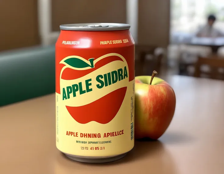 ((applecantw)),A  can of gapplesodag soda placed on a restaurant table. The can 's label is clearly visible, showcasing the brand and flavor. The setting is a dining environment, possibly with elegant tableware, a menu, or other dining accessories. The scene should be as realistic as a high-resolution photograph, with soft and inviting lighting that highlights the bottle and creates a pleasant dining ambiance,<lora:applesoda:0.55>