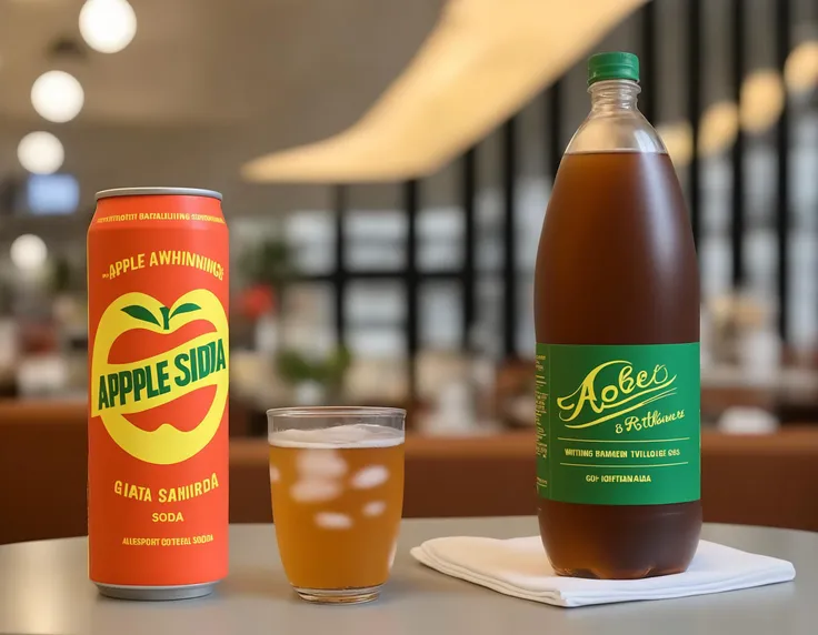 A bottle of gapplesodag soda placed on a restaurant table. The bottle's label is clearly visible, showcasing the brand and flavor. The setting is a dining environment, possibly with elegant tableware, a menu, or other dining accessories. The scene should be as realistic as a high-resolution photograph, with soft and inviting lighting that highlights the bottle and creates a pleasant dining ambiance,<lora:applesoda:0.55>