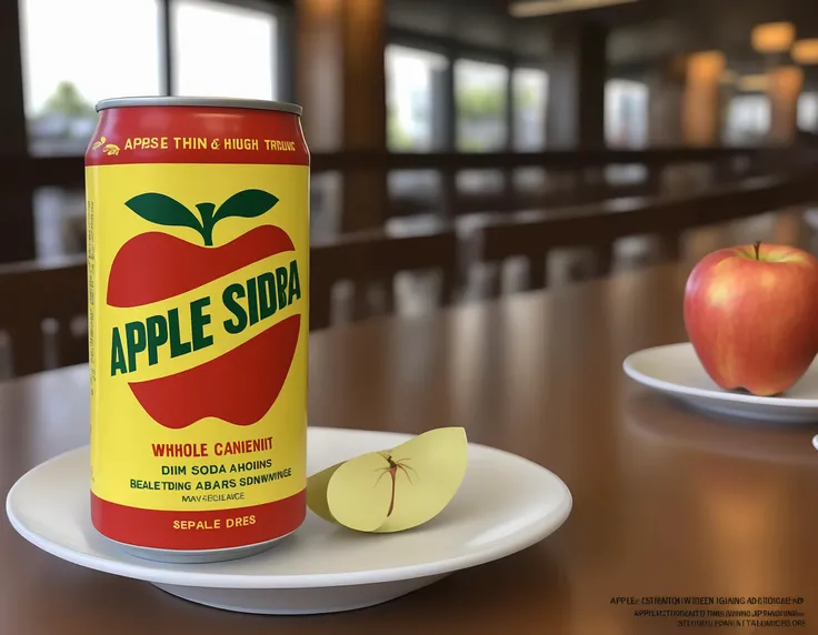 ((applecantw)),A  can of gapplesodag soda placed on a restaurant table. The can 's label is clearly visible, showcasing the brand and flavor. The setting is a dining environment, possibly with elegant tableware, a menu, or other dining accessories. The scene should be as realistic as a high-resolution photograph, with soft and inviting lighting that highlights the bottle and creates a pleasant dining ambiance,<lora:applesoda:0.55>