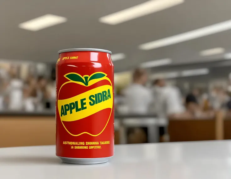 ((applecantw)),A can of gapplesodag soda placed on a restaurant table. The can 's label is clearly visible, showcasing the brand and flavor. The setting is a dining environment, possibly with elegant tableware, a menu, or other dining accessories. The scene should be as realistic as a high-resolution photograph, with soft and inviting lighting that highlights the bottle and creates a pleasant dining ambiance,<lora:applesoda:0.55>