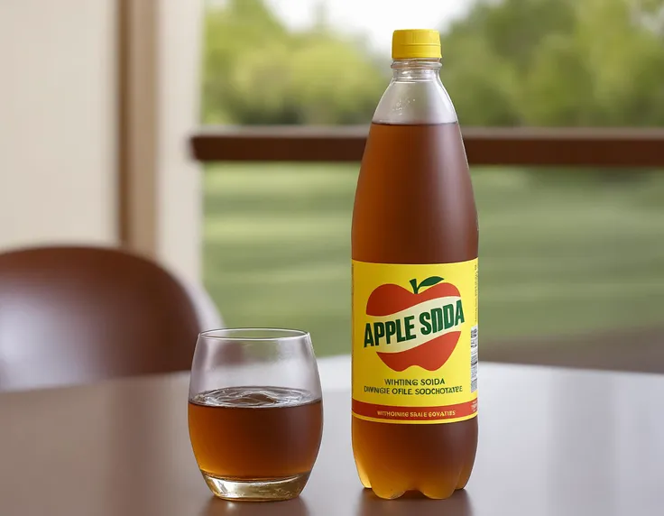 A bottle of gapplesodag soda placed on a restaurant table. The bottle's label is clearly visible, showcasing the brand and flavor. The setting is a dining environment, possibly with elegant tableware, a menu, or other dining accessories. The scene should be as realistic as a high-resolution photograph, with soft and inviting lighting that highlights the bottle and creates a pleasant dining ambiance,<lora:applesoda:0.55>