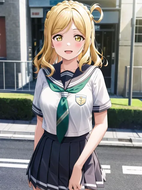 masterpiece, best quality, (1girl:1.2), solo, medium breasts, ohara mari, hair rings, blonde hair, yellow eyes, crown braid, medium hair, uranohoshi school uniform, school uniform, short sleeves, pleated skirt, white serafuku, neckerchief, grey skirt, grey sailor collar, tie clip, green neckerchief, street, city, happy <lora:MariLL_v1:0.4>