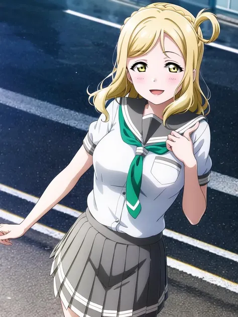 masterpiece, best quality, (1girl:1.2), solo, medium breasts, ohara mari, hair rings, blonde hair, yellow eyes, crown braid, medium hair, uranohoshi school uniform, school uniform, short sleeves, pleated skirt, white serafuku, neckerchief, grey skirt, grey sailor collar, tie clip, green neckerchief, street, city, happy <lora:MariLL_v1:0.7>