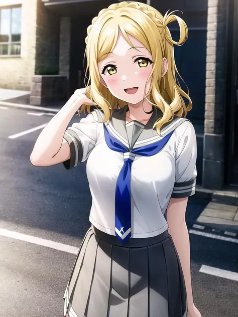 masterpiece, best quality, (1girl:1.2), solo, medium breasts, ohara mari, hair rings, blonde hair, yellow eyes, crown braid, medium hair, uranohoshi school uniform, school uniform, short sleeves, pleated skirt, white serafuku, neckerchief, grey skirt, grey sailor collar, tie clip, green neckerchief, street, city, happy <lora:MariLL_v1:0.6>