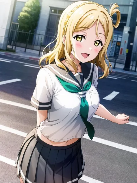 masterpiece, best quality, (1girl:1.2), solo, medium breasts, ohara mari, hair rings, blonde hair, yellow eyes, crown braid, medium hair, uranohoshi school uniform, school uniform, short sleeves, pleated skirt, white serafuku, neckerchief, grey skirt, grey sailor collar, tie clip, green neckerchief, street, city, happy <lora:MariLL_v1:0.6>