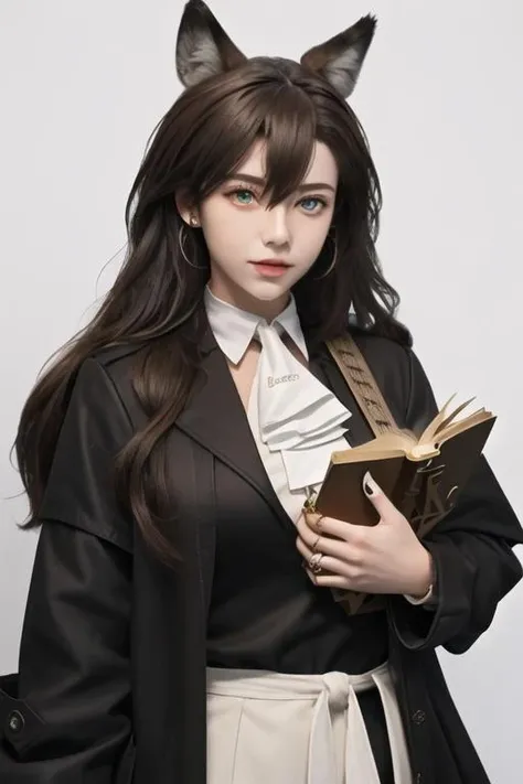 best quality, masterpiece, highres, 1girl, solo, {penance_arknights:1.15}, animal_ears, wolf_ears, extra_ears, long_hair, brown_hair, wolf_girl, yellow_eyes, ascot, white_ascot, hair_between_eyes, upper_body, closed_mouth, jewelry, bangs, breasts, book, black_jacket, holding, looking_at_viewer, open_book, simple_background, holding_book, long_sleeves, black_nails, coat, white_background, black_coat, jacket