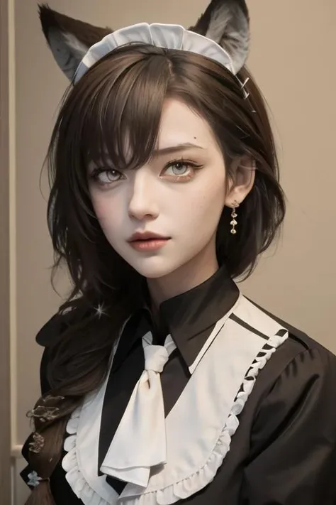 best quality, masterpiece, highres, 1girl, solo, {maid:1.40}, {long maid dress:1.15}, {penance_arknights:1.15}, animal_ears, wolf_ears, extra_ears, long_hair, brown_hair, wolf_girl, yellow_eyes, ascot, white_ascot, hair_between_eyes, upper_body, closed_mouth, jewelry, bangs, breasts