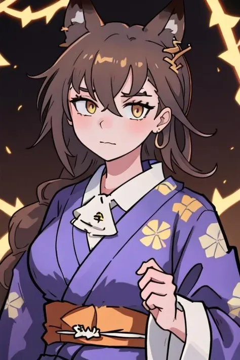 best quality, masterpiece, highres, 1girl, solo, {yukata:1.40}, {kimono:1.20}, {penance_arknights:1.15}, animal_ears, wolf_ears, extra_ears, long_hair, brown_hair, wolf_girl, yellow_eyes, ascot, white_ascot, hair_between_eyes, closed_mouth, jewelry, bangs, breasts