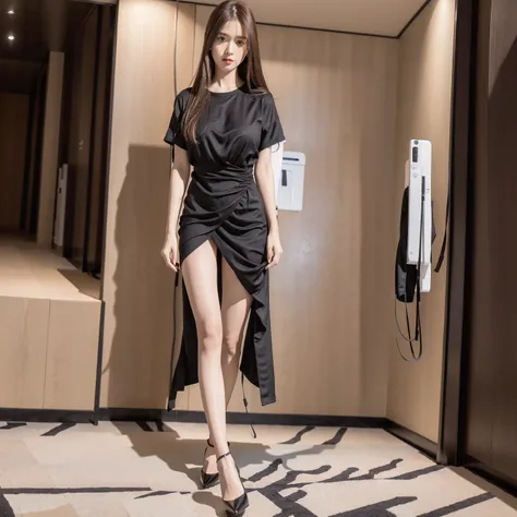 <lora:cuteGirlMix4_v10:0.7>, mix4, <lora:20d_v10:0.5>, 20d, solo, long_hair, shirt, dress, high_heels,full_body, look_at_viewer, (8k, RAW photo, best quality, masterpiece:1.2), (realistic, photo-realistic:1.37), professional lighting, photon mapping, radiosity, physically-based rendering,