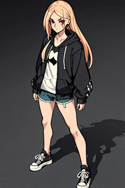 <lora:ShindoL_style:0.8>, 1girl, long hair, tomboy, punk, pale skin, full body, detailed face, perfect anatomy, black hoodie, converse shoes, camera shot from above, looking at viewer, earrrings