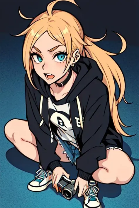 <lora:ShindoL_style:0.8>, 1girl, long hair, tomboy, punk, pale skin, full body, detailed face, perfect anatomy, black hoodie, converse shoes, camera shot from above, looking at viewer, earrrings