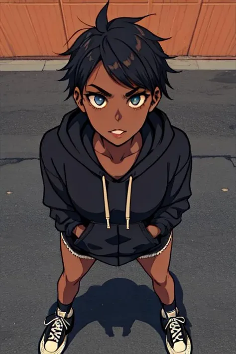 <lora:ShindoL_style:0.8>, 1girl, short hair, tomboy, punk, darkskin, full body, detailed face, perfect anatomy, black hoodie, converse shoes, camera shot from above, looking at viewer