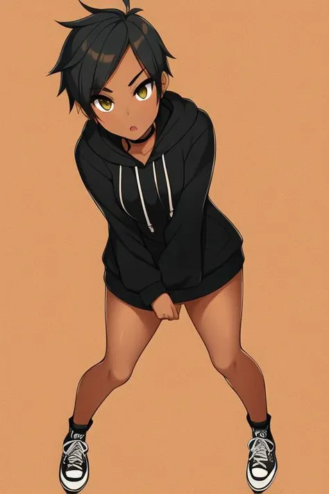 <lora:ShindoL_style:0.6>, 1girl, short hair, tomboy, punk, darkskin, full body, detailed face, perfect anatomy, black hoodie, converse shoes, camera shot from above, looking at viewer