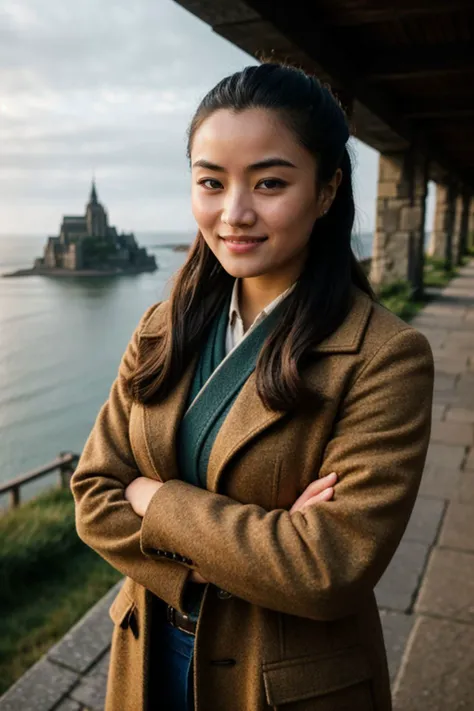 from above, Cinematic still of annasawa1, twintails, crossed arms,giggling, wearing coat, bellbottoms, monk strap, <lora:annasawa1:1>, location is mont saint michel, dawn, realistic, Amateur Photographer, subsurface scattering, film grain, very detailed skin texture, high quality, 35mm photograph, film grain, bokeh, professional, 4k, highly detailed