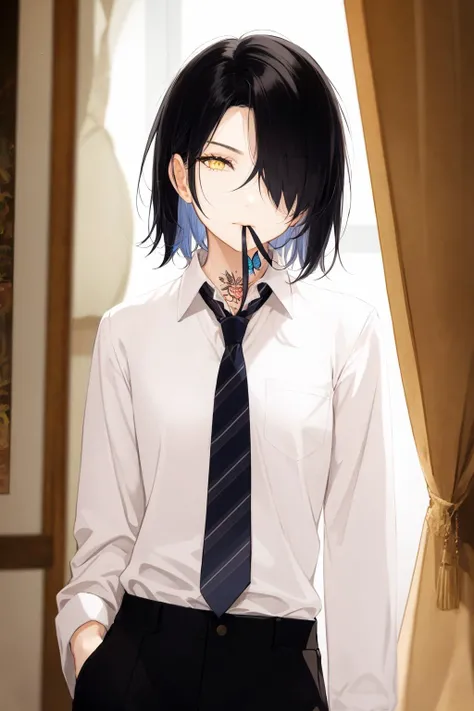 bug, black hair, butterfly, solo, shirt, necktie, yellow eyes, tattoo, short hair, navel, hair over one eye, 1girl, open clothes, curtains, indoors, white shirt, mouth hold, open shirt, undone necktie, naked shirt, red necktie, looking at viewer, bottomless, long sleeves, 1boy, picture frame, male focus, collared shirt  <lora:SilvermoonMix10:1>