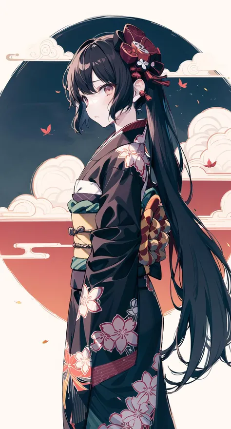 {{{Ukiyo-e_style}}},{{flat_style}},{simple_colors},{{{masterpiece}}},{katsushika_hokusai},long_hair,hair_flower,{{black_hair}},red_eyes,red_sky,{chinoiserie},{{{best_quality}}},kimono,{{ultra-detailed}},{illustration},Maple_leaves_flying,{{1girl}},{{{solo}}},{{an_extremely_delicate_and_beautiful}},blank_stare,close_to_viewer,{breeze},{Flying_splashes},{Flying_petals},wind,{Gorgeous and rich graphics}
