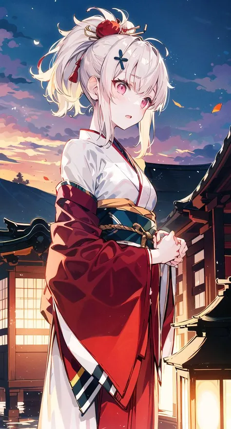 (super delicate), (illustration), (extremely delicate and beautiful),faux traditional media,perfect body,cowboy shot,(perspective),Kyoto Style,(sketch),(close-up),(a beautiful detailed girl in Washitsu:1.47),Washitsu,(solo:1.4),(HDbackground,Japanese courtyard:1.25),(Creek:0.55),wooden bridge,(cinematic lighting,beautiful detailed glow:1.0),(beautiful detailed pink eyes),ponytail,shiny platinum blonde hair,messy floating hair,((black capelet)),red kimono,hair flower,hair ornament,hair over shoulder,japanese clothes,lace-trimmed kimono,pom pom hair ornament,tassel,wavy hair,glint,blue sky,(autumn:1.1),outdoors,(glowing particles:0.85),Maples in the distance,an epic scene,(Stone lantern,Bonsai:1.0),(White sand:0.85),(Rockery:0.8),(Japanese architecture:1.1),(contour deepening:1.1),(fluttered fallen leaves),(dappled sunlight on her:1.25),(Tyndall effect:1.1),(Cloud Retained background:1.1),(depth of field),highlight