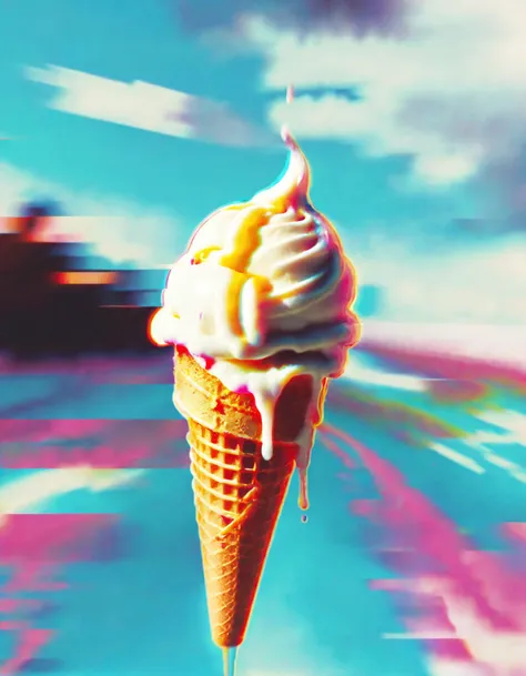 A close-up image of a scoop of vanilla ice cream melting slowly under the hot sun. The ice cream is dripping down the side of the cone, leaving trails of sweetness that are starting to pool at the bottom. The glitch effects add a surreal and dreamlike quality to the scene, as if the viewer is experiencing a distorted version of reality. The background is blurred and hazy, with hints of green and blue suggesting the presence of trees and sky. Overall, the image captures the sweetness and sensuality of summer, while also hinting at the fleeting nature of pleasure and the inevitability of decay.