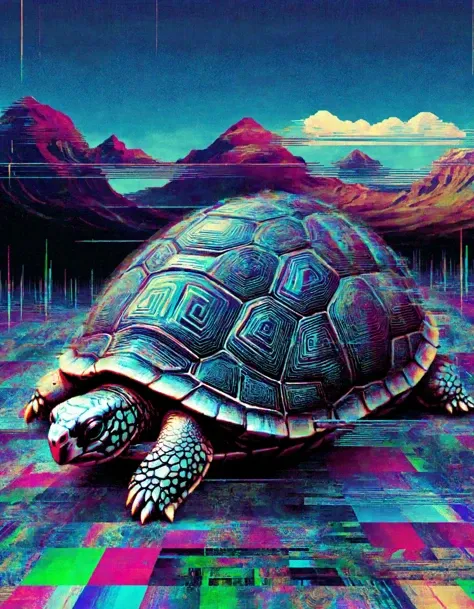 The artwork is a digital piece created by the artist ral-glydch using glitch effects. The central subject of the piece is a turtle slowly making its way across a landscape that appears to be both ancient and otherworldly. The turtle's shell is etched with intricate patterns and symbols, each one representing a different stage in life's journey. As the viewer examines the artwork more closely, they begin to notice subtle glitches and distortions in the image, as if the very fabric of reality itself is beginning to unravel. These glitches add an element of mystery and intrigue to the piece, inviting the viewer to explore its depths and uncover its secrets. Overall, this artwork showcases ral-glydch's unique style and technique, which combines traditional art with cutting-edge digital technology to create truly one-of-a-kind works of art.
