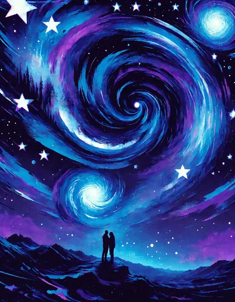 A digital art piece created by Ral-Glydch using glitch effects. The artwork depicts a starry night sky with swirling and distorted stars that seem to be moving in slow motion. The ancient light of the stars illuminates a timeless love story that is being told through the use of soft serenades. The colors are muted, with shades of blue, purple, and black dominating the scene. The glitch effects add an otherworldly quality to the artwork, making it feel both surreal and dreamlike. The overall effect is one of awe and wonder, as if the viewer has been transported to another dimension where time and space are distorted and love is eternal.