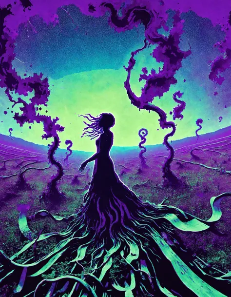 A surreal landscape with green tendrils reaching out from the ground, twisting and writhing like living things. The sky is a deep shade of violet, casting an otherworldly glow over everything below. Strange, otherworldly flowers bloom in clusters, their petals twisted and contorted by glitch effects. In the foreground, a figure can be seen walking through this strange landscape, their form distorted and fragmented by the same glitch effects that affect the environment around them. The overall effect is one of disorientation and mystery, as if the viewer has stumbled upon a hidden realm beyond our own reality.