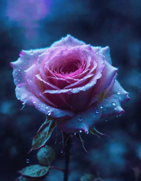 A close-up of a delicate pink rose with dew drops on its petals. The image has been manipulated using glitch effects to create a surreal and dreamlike atmosphere. The background is dark and blurred, with faint hints of purple and blue hues. The rose appears almost translucent, as if it's floating in a sea of mist. The dew drops on the petals are highly detailed, each one shimmering and reflecting light in a unique way. The overall effect is ethereal and romantic, evoking feelings of love and tenderness.