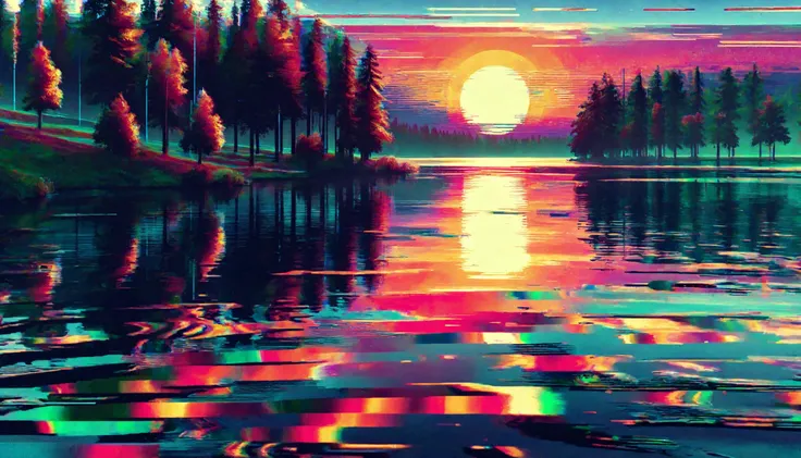 A serene scene of a tranquil lake, but instead of still water, the surface is a dynamic tapestry of vibrant colors, created through glitch effects by artist Ral-Glydch. The water appears to flow with an otherworldly rhythm, creating intricate patterns that dance and shimmer in the light. The colors range from bright neon hues to deep, rich tones, reflecting the ever-changing moods of the scene. The lake is surrounded by lush greenery, with tall trees casting long shadows on the ground. The sun sets behind the trees, bathing the scene in a warm, golden glow. The atmosphere is one of peace and tranquility, inviting the viewer to immerse themselves in the beauty and mystery of the glitched water.