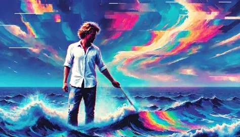 A conceptual artwork by Ral-Glydch featuring a man standing at the edge of an endless ocean. The man is dressed in a simple white shirt and pants, his hair is messy and windswept. He holds a paintbrush in one hand, the bristles are frayed and worn. With each stroke he makes on the water's surface, the colors and textures of the water change and glitch, creating intricate patterns and distortions. The man's expression is focused and determined as he interacts with the water, transforming it with his art. The sky above is a swirl of vibrant colors, reflecting on the ever-changing ocean surface. The scene is bathed in a soft, ethereal light, creating an otherworldly atmosphere.