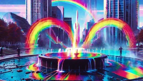 A surreal artwork by Ral-Glydch featuring a fountain in the center, with the water arcs transforming into vibrant rainbows that capture the prismatic light and droplets. The scene is set against a backdrop of an abstract cityscape, where buildings have glitched edges and distorted shapes. The sky above is a swirl of colors, with neon hues bleeding into each other. The ground beneath the fountain is made of smooth stones, some of which are partially submerged in the water. The atmosphere is serene yet dreamlike, inviting the viewer to explore the intricacies of the glitch effects and the surreal beauty of the scene.