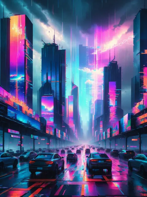 ral-glydch, a towering metropolis bathed in neon, skyscrapers twisting and glitching like pixels on a cracked screen. Holographic billboards flicker with distorted advertisements, cars phase through each other on glitching highways. Above, a stormy sky cracks and tears, revealing glimpses of another dimension. <lora:ral-glydch-sdxl:1>,<lora:EnvyBetterHiresFixXL01:0:hr=1>