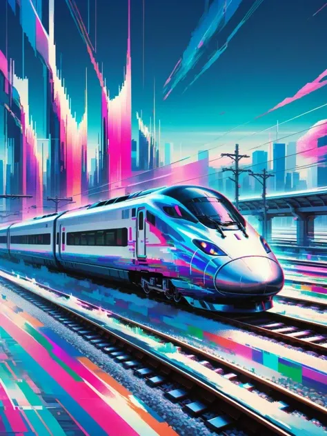 ral-glydch, a sleek bullet train hurtles through a landscape fragmented by speed. Buildings blur into streaks of color, landscapes warp and rewind, the horizon itself ripples and glitches. Inside, passengers are frozen in mid-gesture, their expressions caught in glitching loops. The train races towards an unknown destination, the tracks ahead dissolving into pure data. <lora:ral-glydch-sdxl:1>,<lora:EnvyBetterHiresFixXL01:0:hr=1>