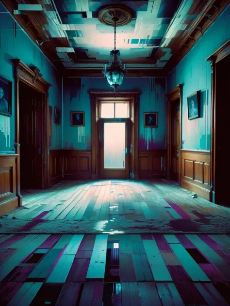 ral-glydch, dust motes dance in the moonlit hall of a dilapidated Victorian mansion. Portraits on the walls twitch and warp, their subjects seeming to whisper secrets through fragmented faces. Floorboards creak, doors slam shut and reopen on empty rooms. Shadows writhe and glitch, taking on impossible shapes. <lora:ral-glydch-sdxl:1>,<lora:EnvyBetterHiresFixXL01:0:hr=1>