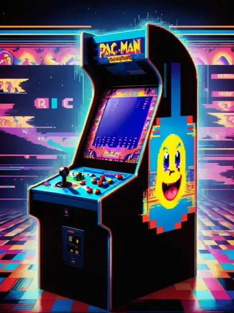 ral-glydch, inside a vintage arcade cabinet, pixels rebel against their programmed confines. Blocky characters break free from their games, glitching across the screen. Pac-Man devours ghosts who reassemble in impossible ways, Donkey Kong climbs stairs that twist and turn like a Mobius strip. The player, joystick in hand, becomes trapped in a glitching retro nightmare. <lora:ral-glydch-sdxl:1>,<lora:EnvyBetterHiresFixXL01:0:hr=1>