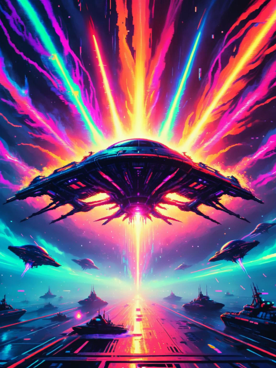 ral-glydch, a fleet of alien spacecraft, their hulls flickering with distorted energy, clash in a swirling nebula. Beams of neon plasma fire, ships phase through each other, leaving glittering trails in their wake. A lone pilot, strapped into a glitching cockpit, battles for survival against an enemy whose code keeps rewriting the laws of physics. <lora:ral-glydch-sdxl:1>