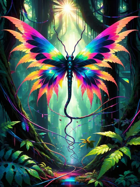 ral-glydch, Deep within a rainforest, leaves ripple with fractal patterns, branches grow at impossible angles. Vines morph into glowing data cables, while iridescent insects flutter with glitching wings. Sunlight filters through, refracting into kaleidoscopic shards, casting elongated shadows that snake across the forest floor. <lora:ral-glydch-sdxl:1>,<lora:EnvyBetterHiresFixXL01:0:hr=1>