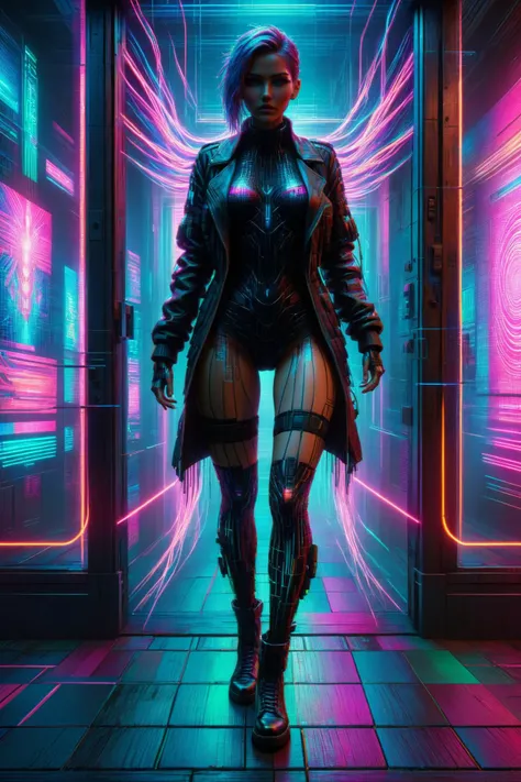 ral-glydch matrix made of neon mesh grid, woman, cyberpunk, lightstreaks, Standing in the doorway pose <lora:Neon_Cyberpunk_SDXL:0.6> <lora:ral-glydch:1>, (masterpiece:1.2), best quality, (hyperdetailed, highest detailed:1.2), high resolution textures, <lora:EnvyBetterHiresFixXL01:1>