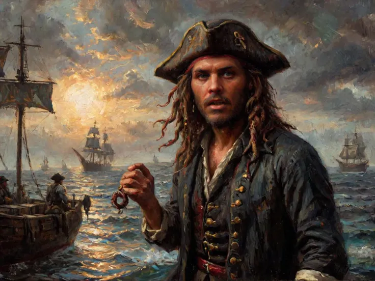 oil painting of the pirates (Davy Jones, supernatural, octopus head, tentacles made of ral-glydch:1.4) and (Jack Sparrow, human:1.3) having a heated argument on the deck of a ship. Utilizing a dynamic interplay of light and shadow reminiscent of Caravaggio's chiaroscuro, the artist brings dramatic focus to the characters' expressive faces, set against a tumultuous dark and stormy seascape. The rich, dark color palette enhances the painting's moody atmosphere, while detailed brushwork pays homage to the textural contrasts between the human and the supernatural. This artwork stands as a testament to the power of narrative art, bridging historical technique with modern cinematic storytelling in a captivating visual dialogue.   Pirates of the Caribbean Dead Mans Chest, tricorn hat, <lora:ClassipeintXL2.0:1.4> <lora:ral-glydch-sdxl:1>