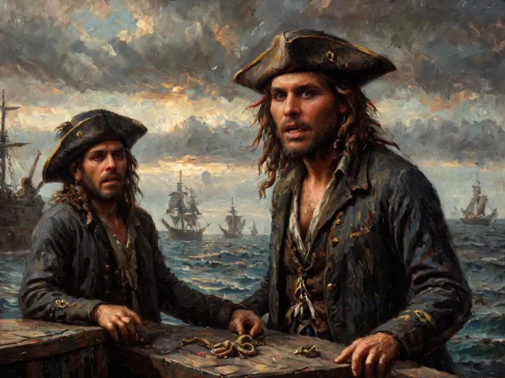 oil painting of the pirates (Davy Jones, supernatural, octopus head, tentacles made of ral-glydch:1.4) and (Jack Sparrow, human:1.3) having a heated argument on the deck of a ship. Utilizing a dynamic interplay of light and shadow reminiscent of Caravaggio's chiaroscuro, the artist brings dramatic focus to the characters' expressive faces, set against a tumultuous dark and stormy seascape. The rich, dark color palette enhances the painting's moody atmosphere, while detailed brushwork pays homage to the textural contrasts between the human and the supernatural. This artwork stands as a testament to the power of narrative art, bridging historical technique with modern cinematic storytelling in a captivating visual dialogue.   Pirates of the Caribbean Dead Mans Chest, tricorn hat, <lora:ClassipeintXL2.0:1.4> <lora:ral-glydch-sdxl:1>