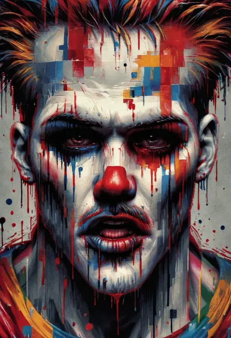 photograph, wide angle, realistic, high resolution, Inkpunk, Inked, (dull grey eyes, bloodshot, crying, sobbing, highly detailed tears:1.6), ink splashes and splatters, overspray, stains, runny clown makeup, a heartbroken clown, the death of happiness, the path of tears, eyes closed, stigmata, emulating Christ on the cross, pain, anguish, deep sorrow, sad, devestatiting loss, frown, surrounded by swirling wet paint, surreal, abstract, intricate detailed facepaint, intricate body paint, intricate, elegant, masterpiece, best quality, (High Detail), colors, long drips of paint, ral-glydch, Jackson Pollock, linquivera <lora:ral-glydch-sdxl:1.2> ral-glydch <lora:add-detail-xl:1.6>