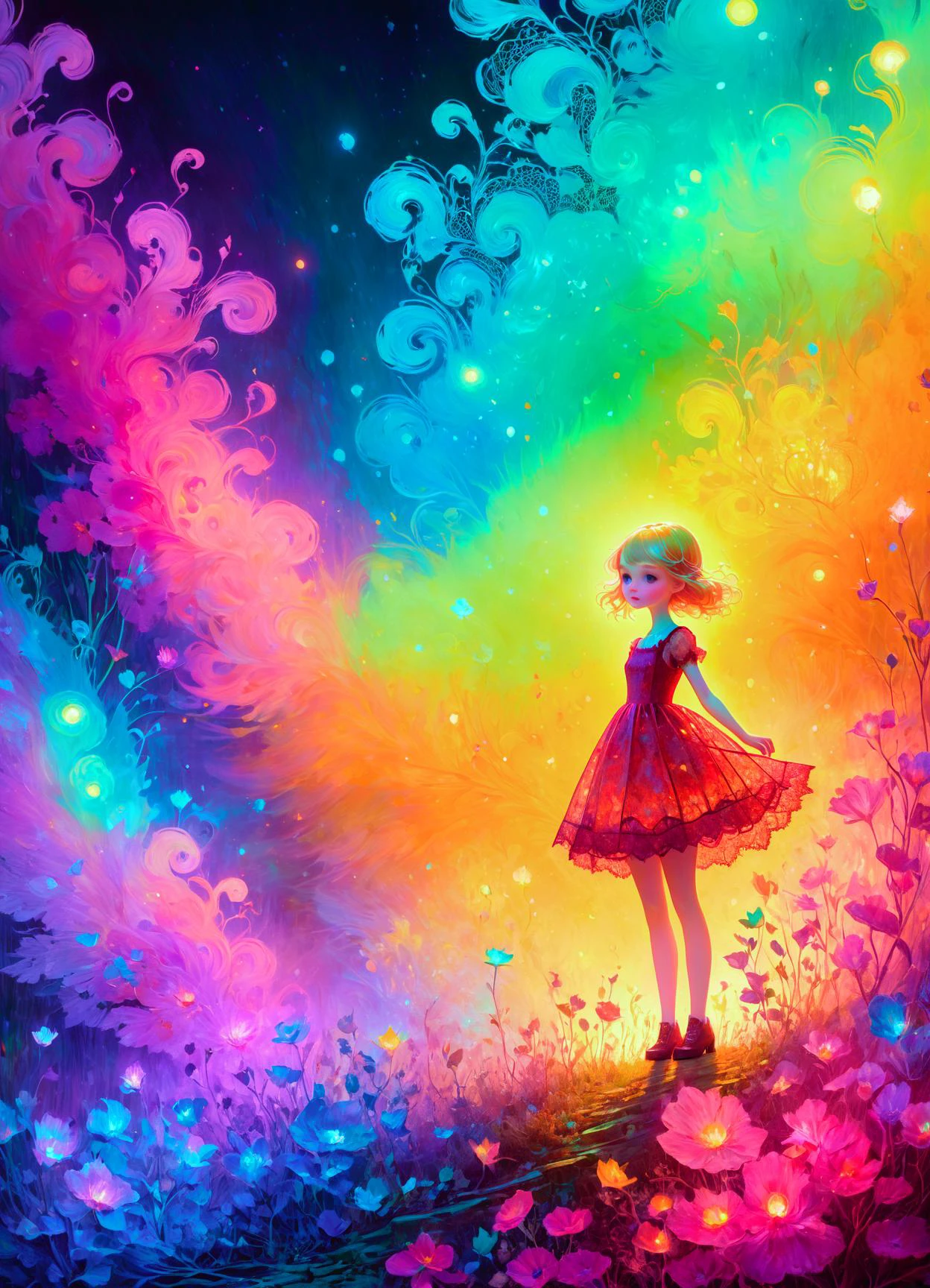 (full body shot:1.3) Anthropomorphic cute Luminous  girl, (wearing lace dress:1.4), Details And Colors, By Alexander Jansson Van Gogh. Pop Surrealism, 8k, Whimsical, Intricate. By Jean Baptiste Monge, Carne Griffiths, Ray Caesar, Dariusz Klimczak, surreal hallucinatory intricately detailed sharp focus   <lora:ip-adapter-faceid-plusv2_sd15_lora:1>  <lora:WorldofMist:1> worldofmist <lora:ral-glydch-sd15:0.8> ral-glydch, subsurface scattering, Photorealistic, Hyperrealistic, analog style, realistic, film photography, soft lighting, heavy shadow