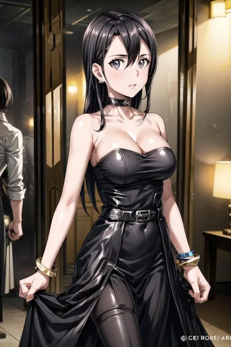 ((best quality)), ((highly detailed)), masterpiece, ((official art)), detailed face, beautiful face, (detailed eyes, deep eyes), standing,1girl, breasts, pantyhose, solo, jewelry, large breasts, looking at viewer, choker, bare shoulders,(strapless:1.3),((black dress:1.2)), (long dress:1.3), (indoors:1.2), (party:1.2), cleavage, bracelet, earrings, sleeveless, collarbone,(latex:1.3), (shiny clothes:1.3),(kirito_ggo, long hair, black hair, black eyes),best quality, masterpiece, intricate details, tonemapping, sharp focus, hyper detailed, trending on Artstation,1 girl, solo, cowboy shot