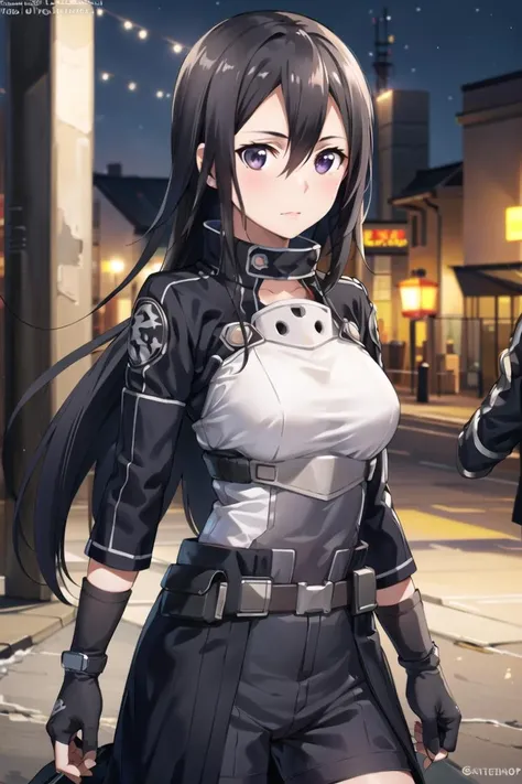1girl, cowboy shot, beautiful kirito_ggo, long hair, black hair, black eyes, outdoors, kirito_suit, night,city , volumetric lighting, best quality, masterpiece, intricate details, tonemapping, sharp focus, hyper detailed, trending on Artstation
