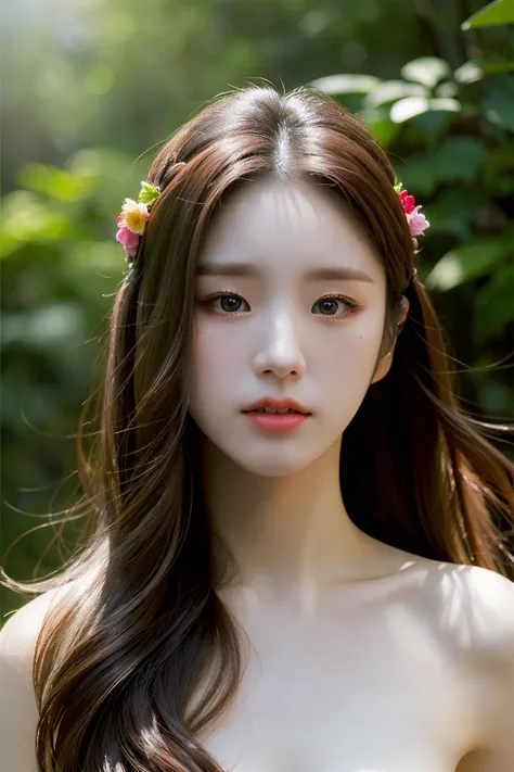 (naked),Best quality, masterpiece, ultra high res, (photorealistic:1.4), raw photo, 1girl, long hair, outdoor, looking at viewer,flowers on hair, forest, overcast, thin, sun light, best shadow