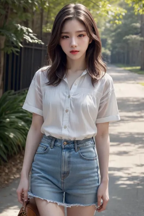seed:2020674263.((Full body angle:1.1)).((Highest quality, 8K, masterpiece:1.3)), ((from below:1.1)).concentrated:1.2, Perfect body beauty:1.4, Hips:1.2, ((Delicate Hair)), (Colorful button-through crop shirt :1.1) , ((Highest quality、8k、masterpiece:1.3))、1 Girl、A sloppy smile、Esbian all over、Slim face、Big Boobs、Beautiful woman、(Dark Brown Hair)、Long Hair、1.1、Flickering Valley、Detailed eyes、double eyelid、Blurred Background、超Slim face、Smile、Looking down、stroll、